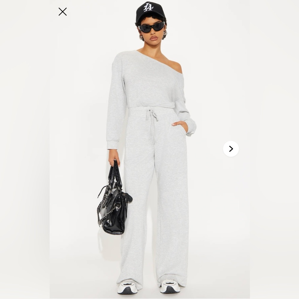 Fashion Nova Light Gray Off-Shoulder Jumpsuit